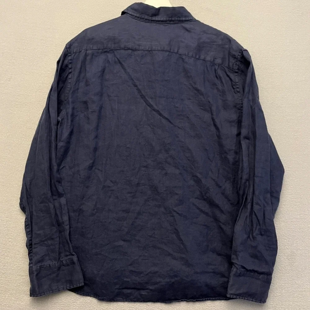 Quince Mens XL Navy Blue 100% European Linen Long Sleeve Button Down Shirt CMA01